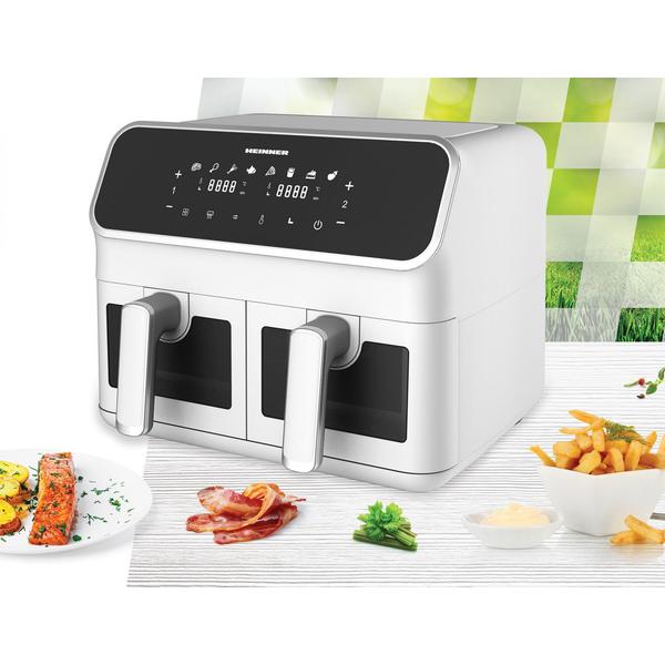 Friteuza dubla cu aer cald HEINNER HAF-H8DB17WH, 8 l, 1700 W, 8 programe, Temperatura reglabila 80-200 C, Ferestre supraveghere (Alb)