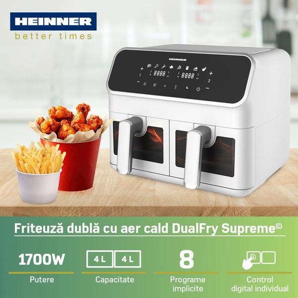 Friteuza dubla cu aer cald HEINNER HAF-H8DB17WH, 8 l, 1700 W, 8 programe, Temperatura reglabila 80-200 C, Ferestre supraveghere (Alb)