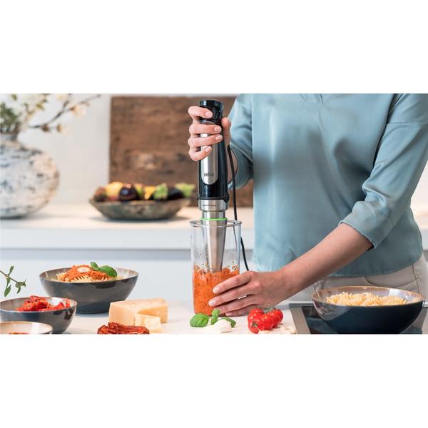 Mixer vertical Braun MQ7087X, 1000 W, Pahar gradat 0.6 l, Procesor alimente 1.5l, Tocator 0.35l, Accesoriu piure, Tel, viteza variabila, Negru