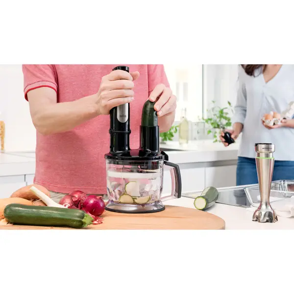 Mixer vertical Braun MQ7087X, 1000 W, Pahar gradat 0.6 l, Procesor alimente 1.5l, Tocator 0.35l, Accesoriu piure, Tel, viteza variabila, Negru