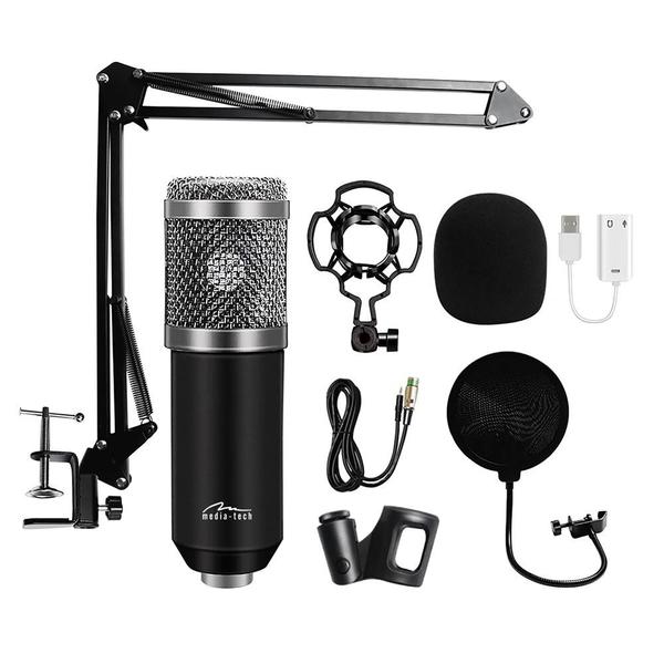 Microfon profesional Media Tech MT397S, cu accesorii pentru studio si streaming (Negru)