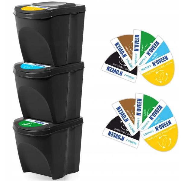 Set Recipiente plastic Noveen pentru reciclare selectiva, 3 x 25L, Negru