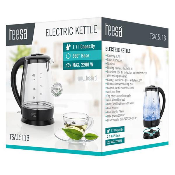 Fierbator de apa Teesa TSA1511B, 2200 W, 1.7 l, Sticla (Negru)