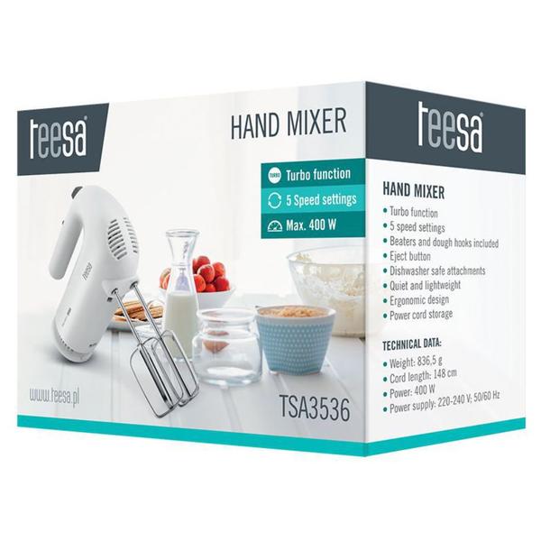 Mixer de mana Teesa TSA3536, 400 W, 5 viteze + turbo, accesorii framantare (Alb)
