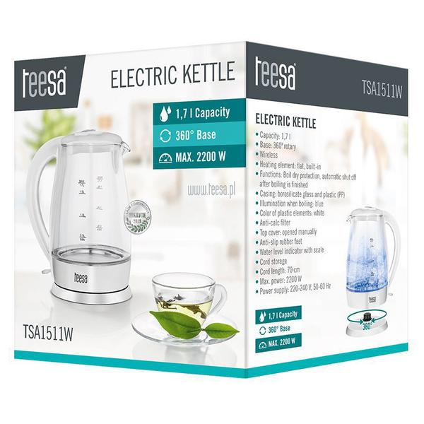 Fierbator de apa Teesa TSA1511W, 2200 W, 1.7 l, Sticla (Alb)