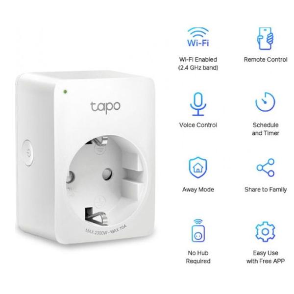 Priza Wi-Fi inteligenta TP-LINK Tapo P100, Schuko, compatibila Google Assistant si Amazon Alexa, programabila (Alb)