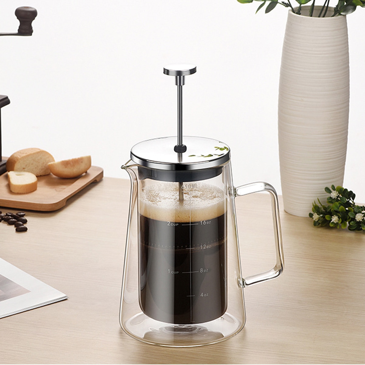 Presa franceza pentru cafea, din sticla borosilicata dublu perete cu piston si filtru inox, transparent, 350 ml
