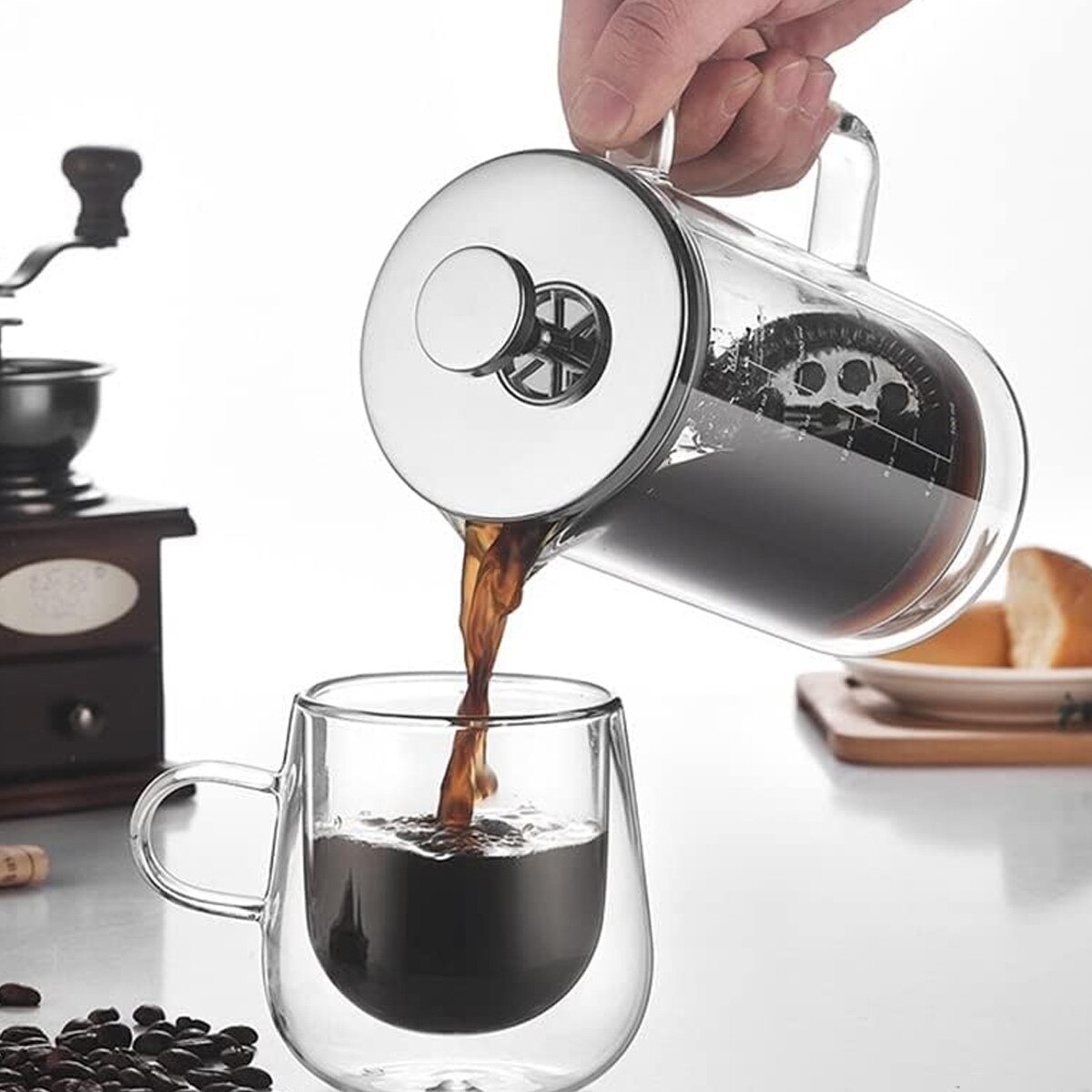 Presa franceza pentru cafea, din sticla borosilicata dublu perete cu piston si filtru inox, transparent, 350 ml
