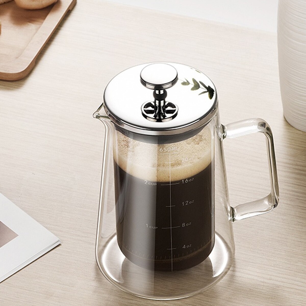 Presa franceza pentru cafea, din sticla borosilicata dublu perete cu piston si filtru inox, transparent, 350 ml