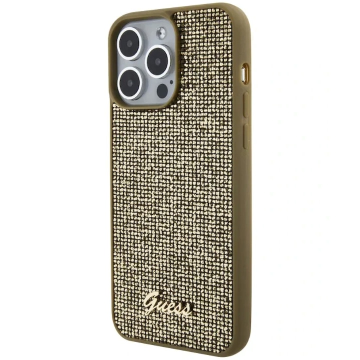 Husa de protectie Cover Guess Rhinestones Triangle Metal Logo pentru iPhone 15 Pro Max, Gold