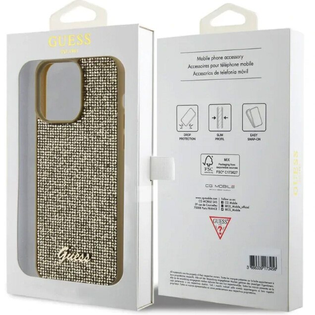Husa de protectie Cover Guess Rhinestones Triangle Metal Logo pentru iPhone 15 Pro Max, Gold