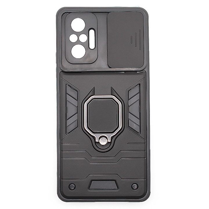 Husa de protectie pentru Xiaomi Redmi Note 10 Pro 4G, Lens Cover, Army Shield, Hybrid Armor, Ring Holder, Hard TPU, Negru