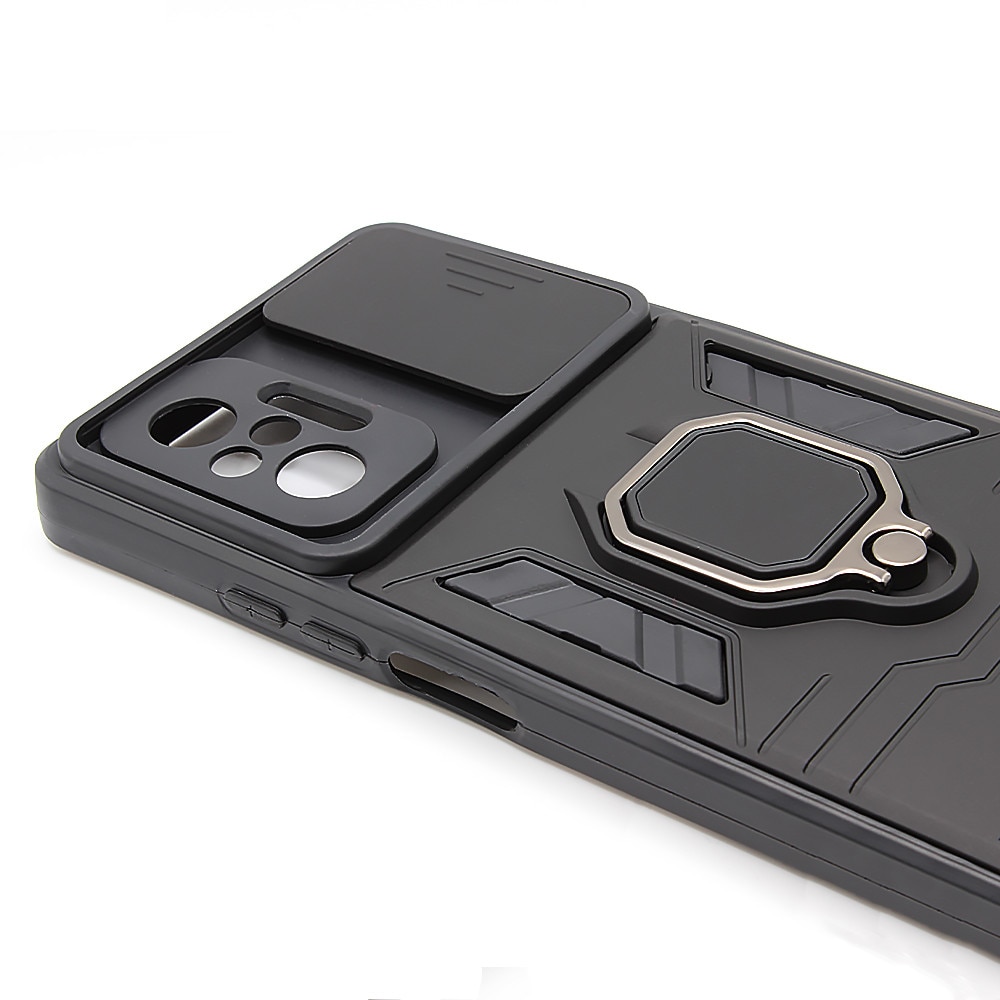 Husa de protectie pentru Xiaomi Redmi Note 10 Pro 4G, Lens Cover, Army Shield, Hybrid Armor, Ring Holder, Hard TPU, Negru