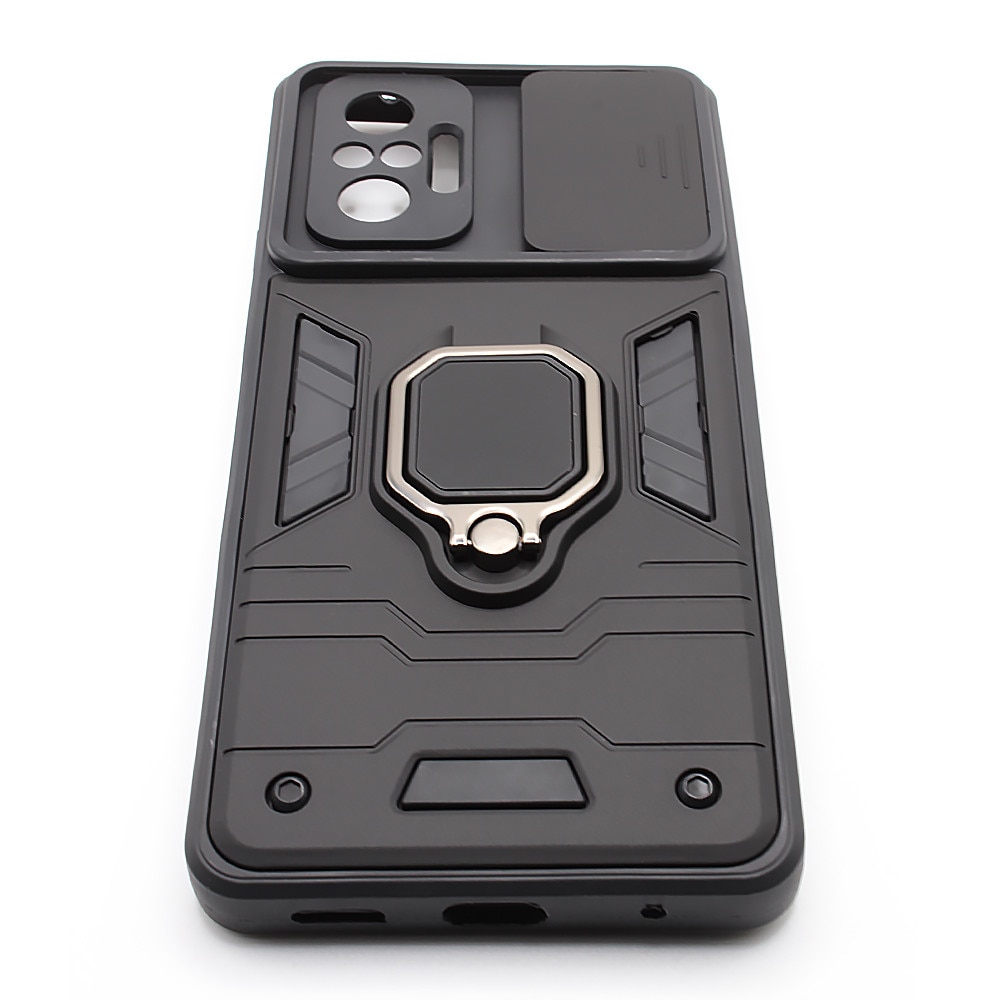 Husa de protectie pentru Xiaomi Redmi Note 10 Pro 4G, Lens Cover, Army Shield, Hybrid Armor, Ring Holder, Hard TPU, Negru