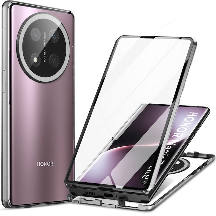 Husa Magnetic Dual Glass pentru Honor Magic 7 Lite, XGSM, Aluminiu/Sticla securizata, 9H, Argintiu