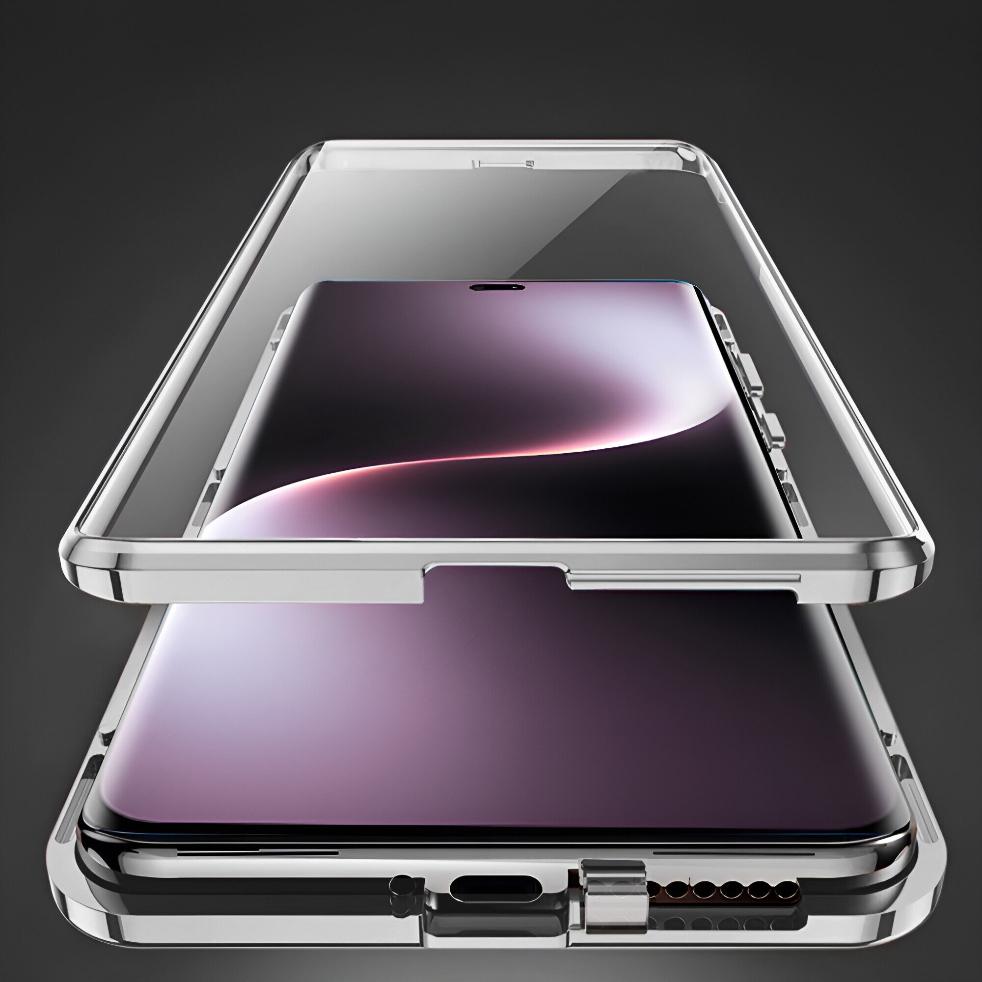 Husa Magnetic Dual Glass pentru Honor Magic 7 Lite, XGSM, Aluminiu/Sticla securizata, 9H, Argintiu