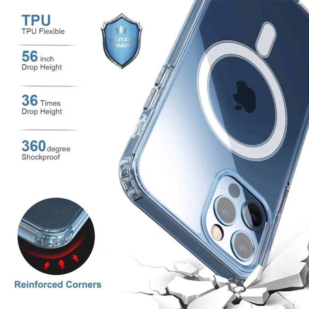 Intelli® Set Husa si 2x Folie sticla pentru Apple iPhone 13 Mini, MagSafe Anti-Shock, Protectie 360 spate + ecran, Colturi intarite, Transparent