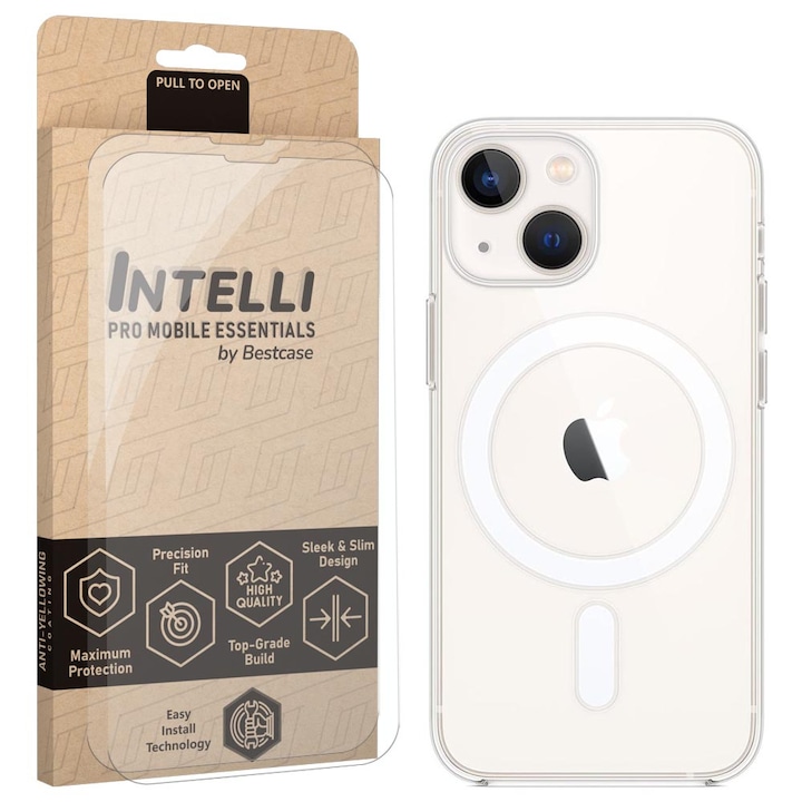 Intelli® Set Husa si 2x Folie sticla pentru Apple iPhone 13 Mini, MagSafe Anti-Shock, Protectie 360 spate + ecran, Colturi intarite, Transparent