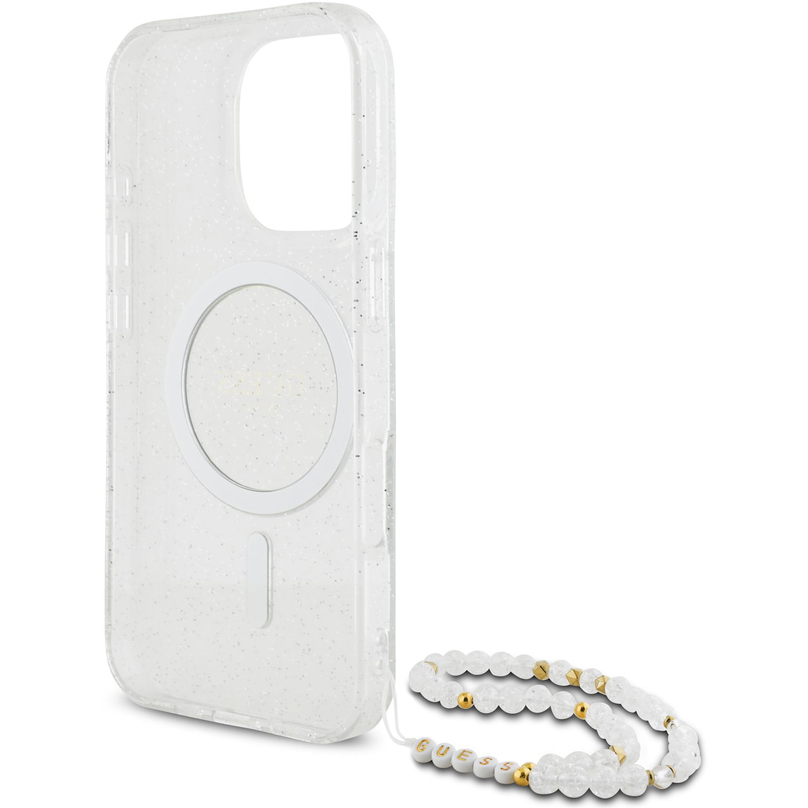 Husa de protectie Guess IML Glitter Beads Strap MagSafe pentru iPhone 16 Pro, Transparent