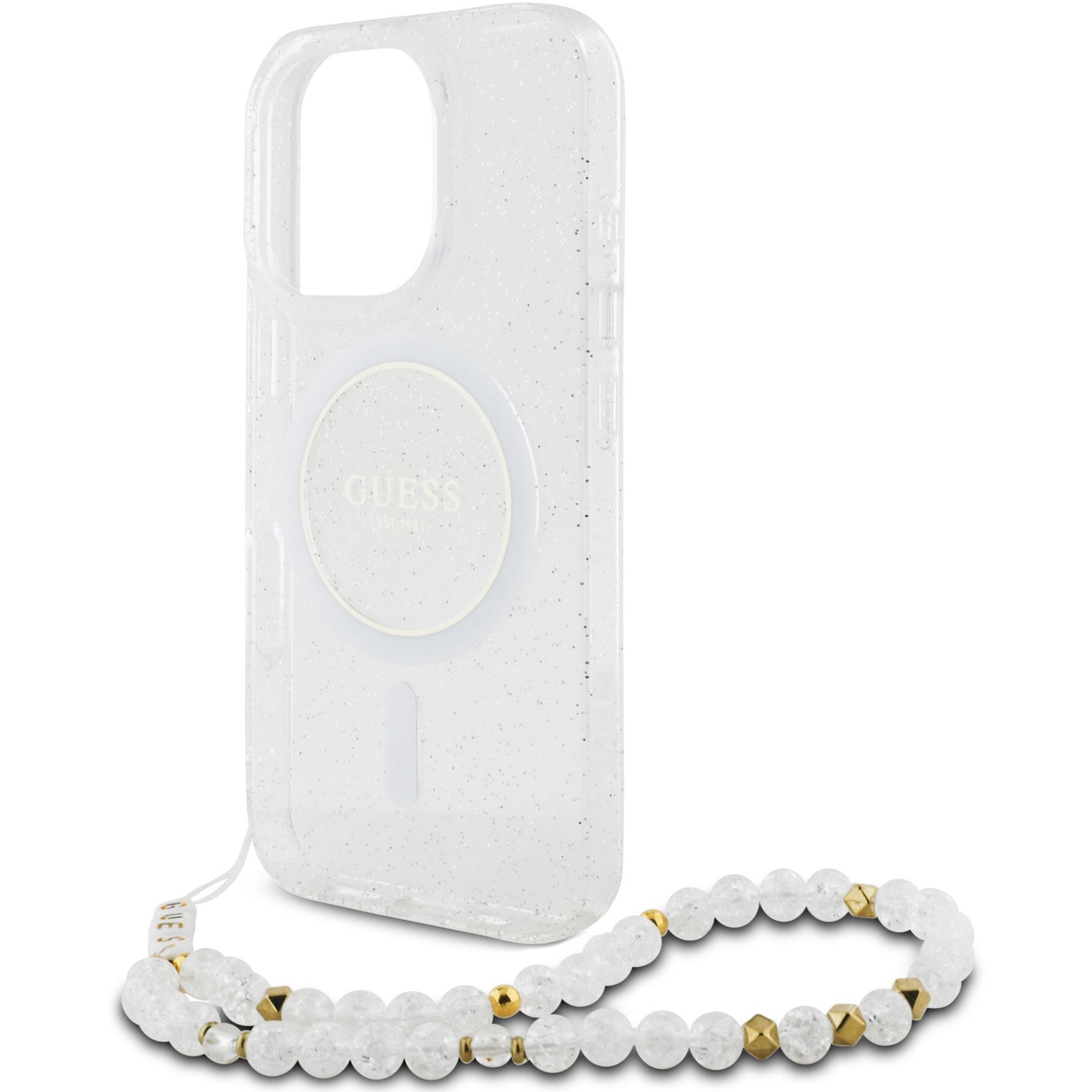 Husa de protectie Guess IML Glitter Beads Strap MagSafe pentru iPhone 16 Pro, Transparent