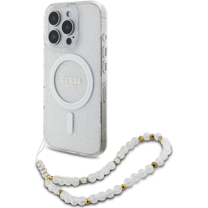 Husa de protectie Guess IML Glitter Beads Strap MagSafe pentru iPhone 16 Pro, Transparent