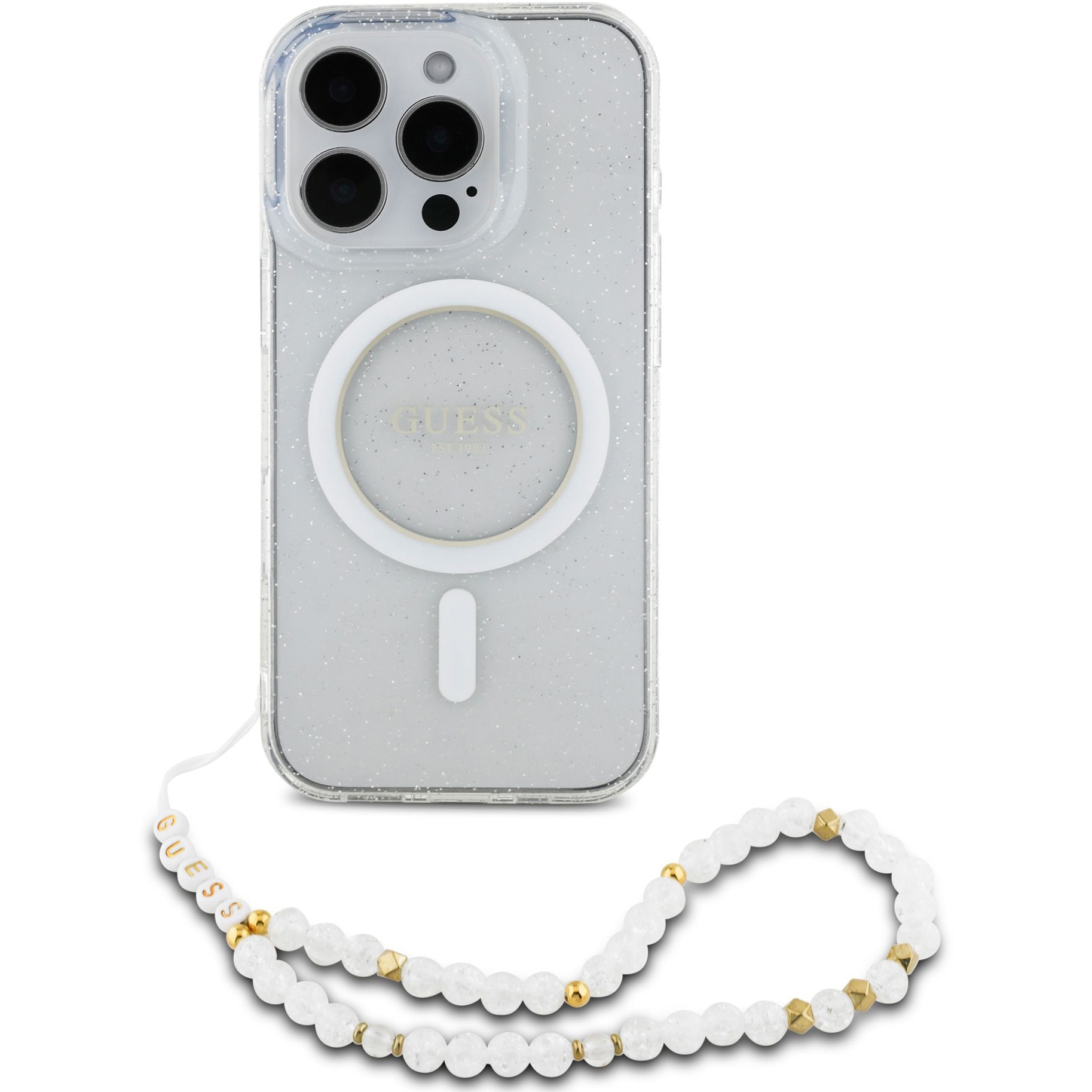 Husa de protectie Guess IML Glitter Beads Strap MagSafe pentru iPhone 16 Pro, Transparent