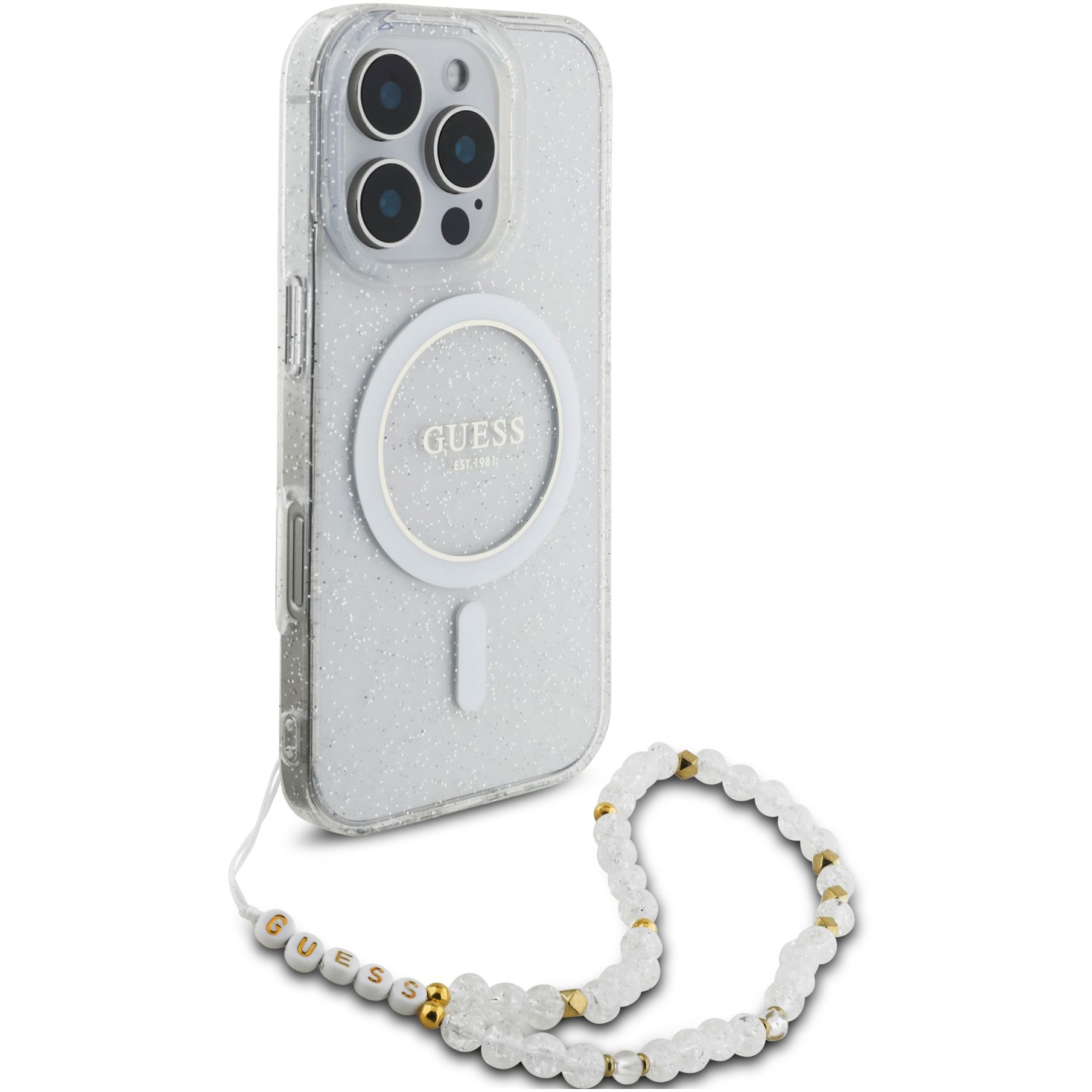 Husa de protectie Guess IML Glitter Beads Strap MagSafe pentru iPhone 16 Pro, Transparent
