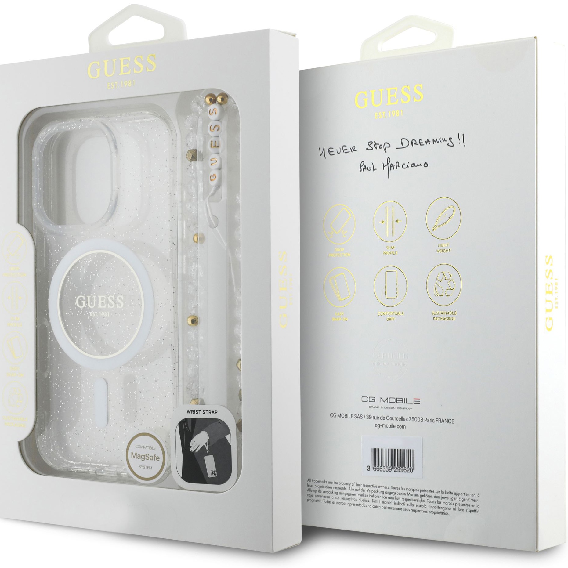 Husa de protectie Guess IML Glitter Beads Strap MagSafe pentru iPhone 16 Pro, Transparent
