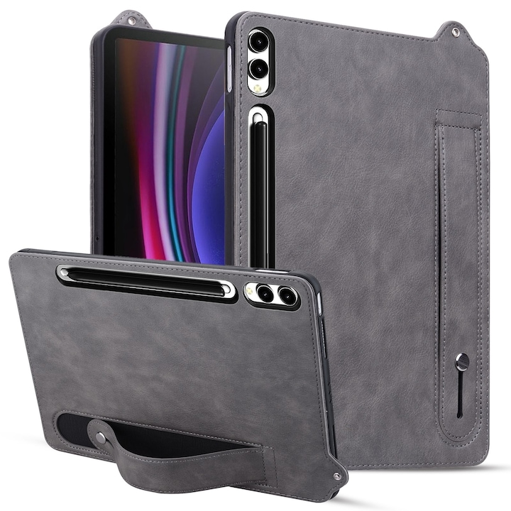 Husa tableta compatibila cu Samsung Galaxy Tab S10 Ultra / S9 Ultra, piele TPU cu bratara, gri