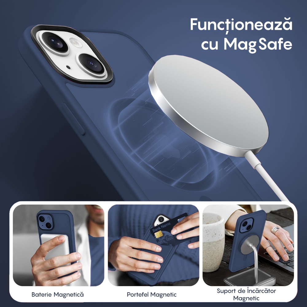 Husa compatibila cu Incarcare Magsafe compatibila cu iPhone 13 Mini, CASEY STUDIOS™, de Protectie, Slim, pentru Incarcare Wireless, Margini Ridicate de Protectia Ecranului si a Camerelor, Albastru Inchis