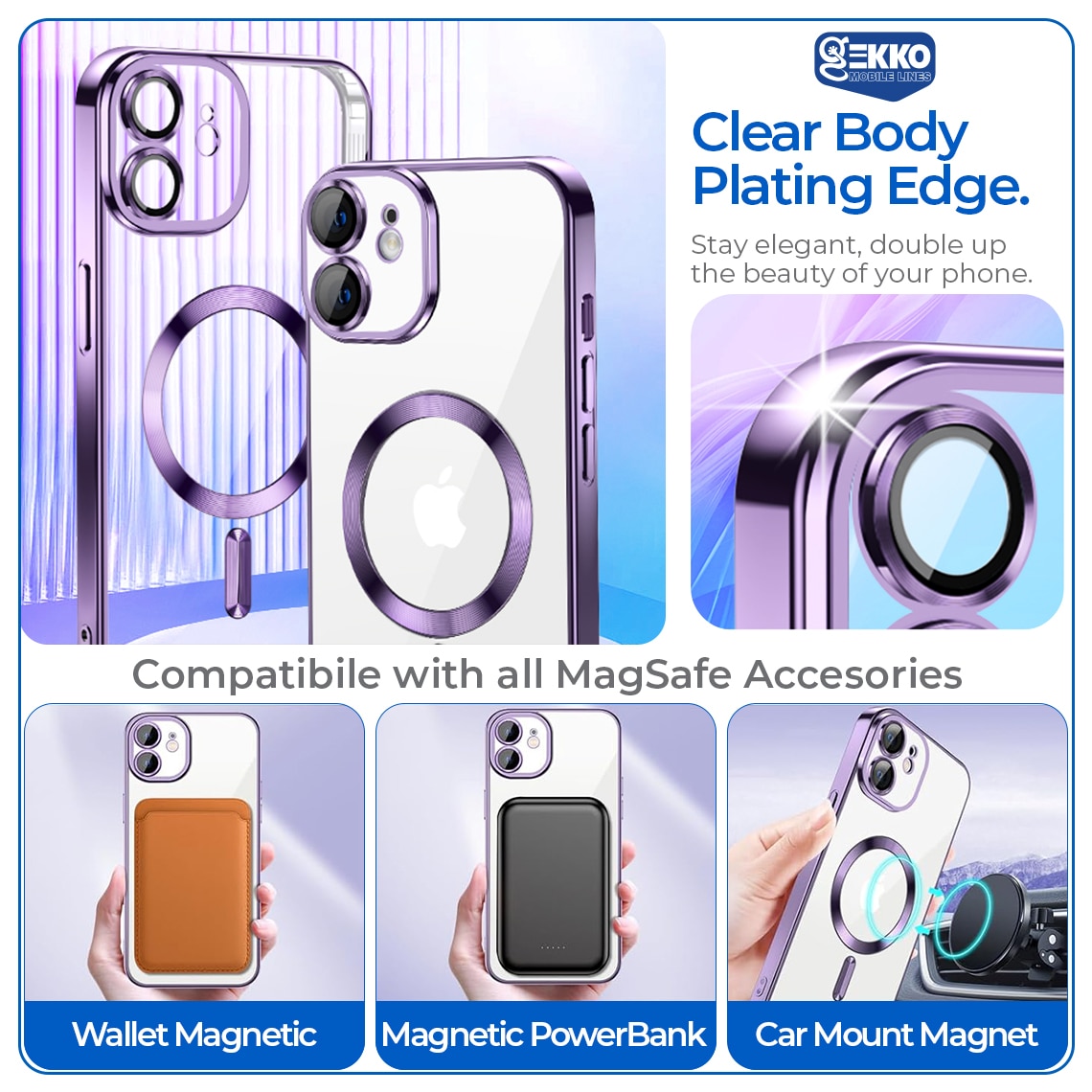 Husa Magnetica pentru iPhone 11, din silicon cu Inel MagSafe integrat, protectie camera si lentile, Transparenta cu margine platinata, Purple