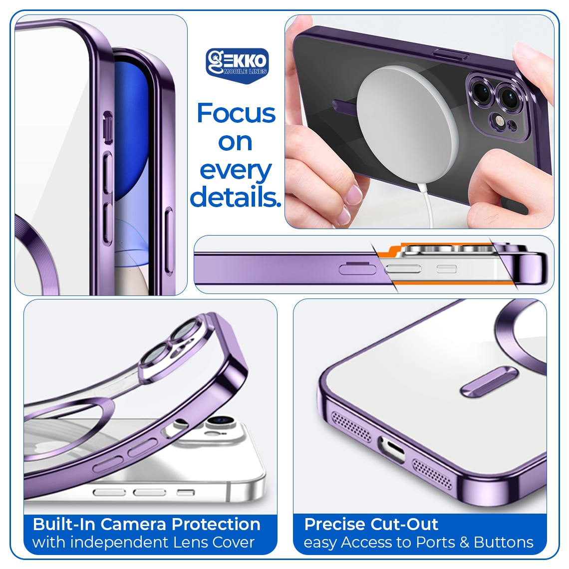 Husa Magnetica pentru iPhone 11, din silicon cu Inel MagSafe integrat, protectie camera si lentile, Transparenta cu margine platinata, Purple