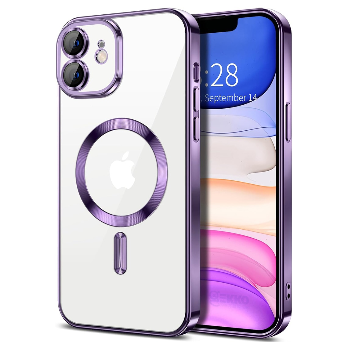 Husa Magnetica pentru iPhone 11, din silicon cu Inel MagSafe integrat, protectie camera si lentile, Transparenta cu margine platinata, Purple