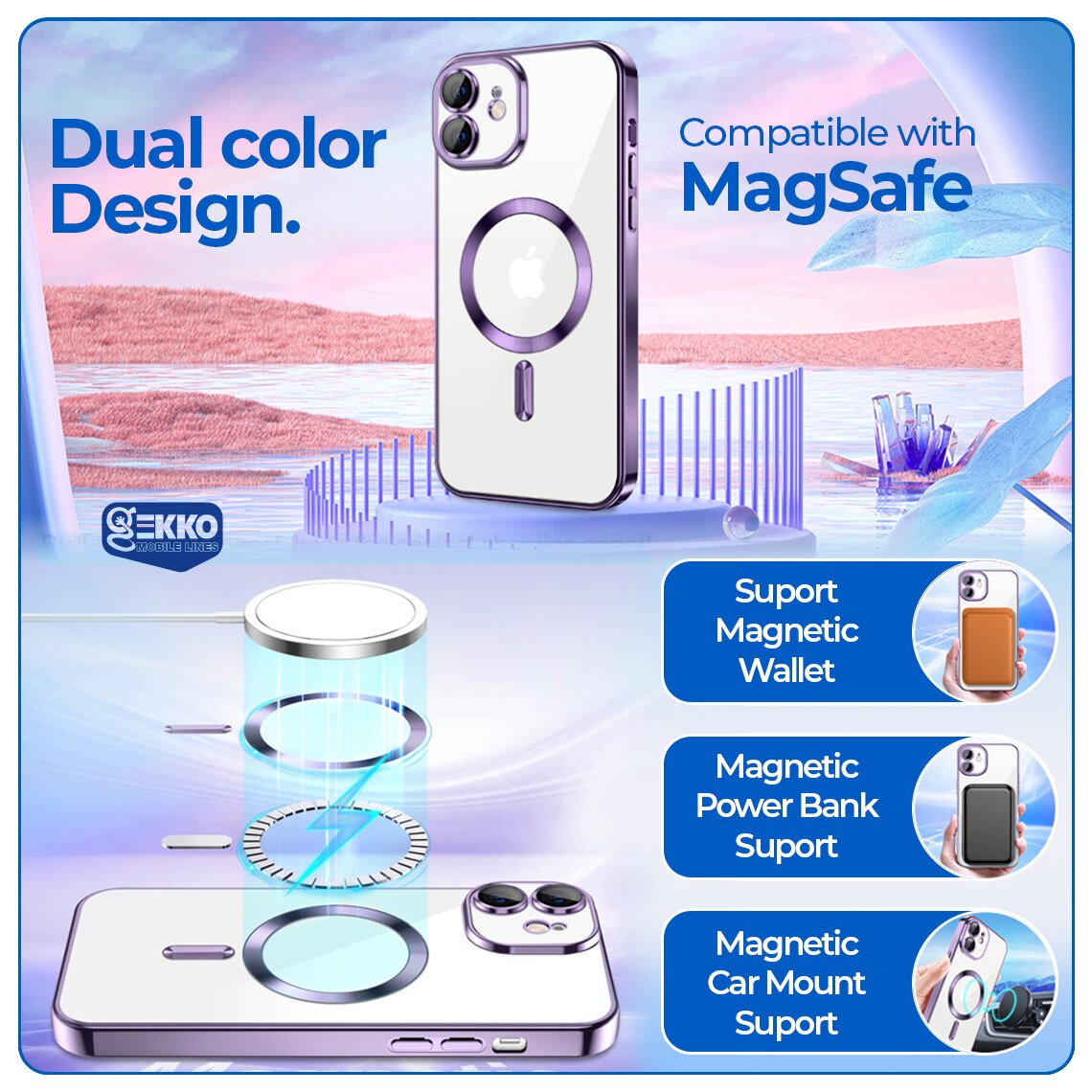 Husa Magnetica pentru iPhone 11, din silicon cu Inel MagSafe integrat, protectie camera si lentile, Transparenta cu margine platinata, Purple