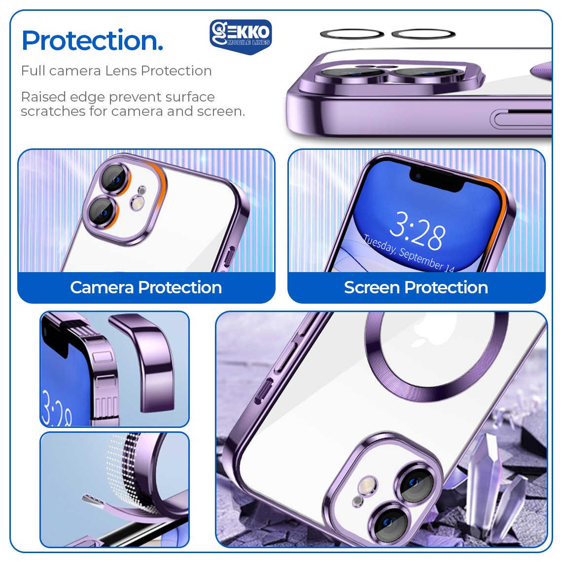 Husa Magnetica pentru iPhone 11, din silicon cu Inel MagSafe integrat, protectie camera si lentile, Transparenta cu margine platinata, Purple