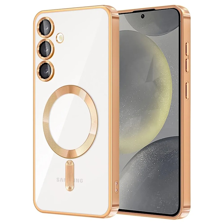 Husa compatibila cu Samsung Galaxy A25, ALC MOBILE, pentru telefon mobil cu protectie pentru camera, Tehnologie MagSafe, rezistenta la socuri, contur Gold