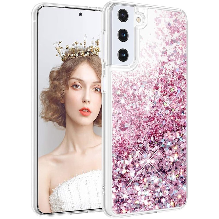 Husa compatibila cu Samsung Galaxy S21 FE, cu Apa si Sclipici, Lichid si Glitter, Fashion, protectie camera, Roz, PlanetPhone