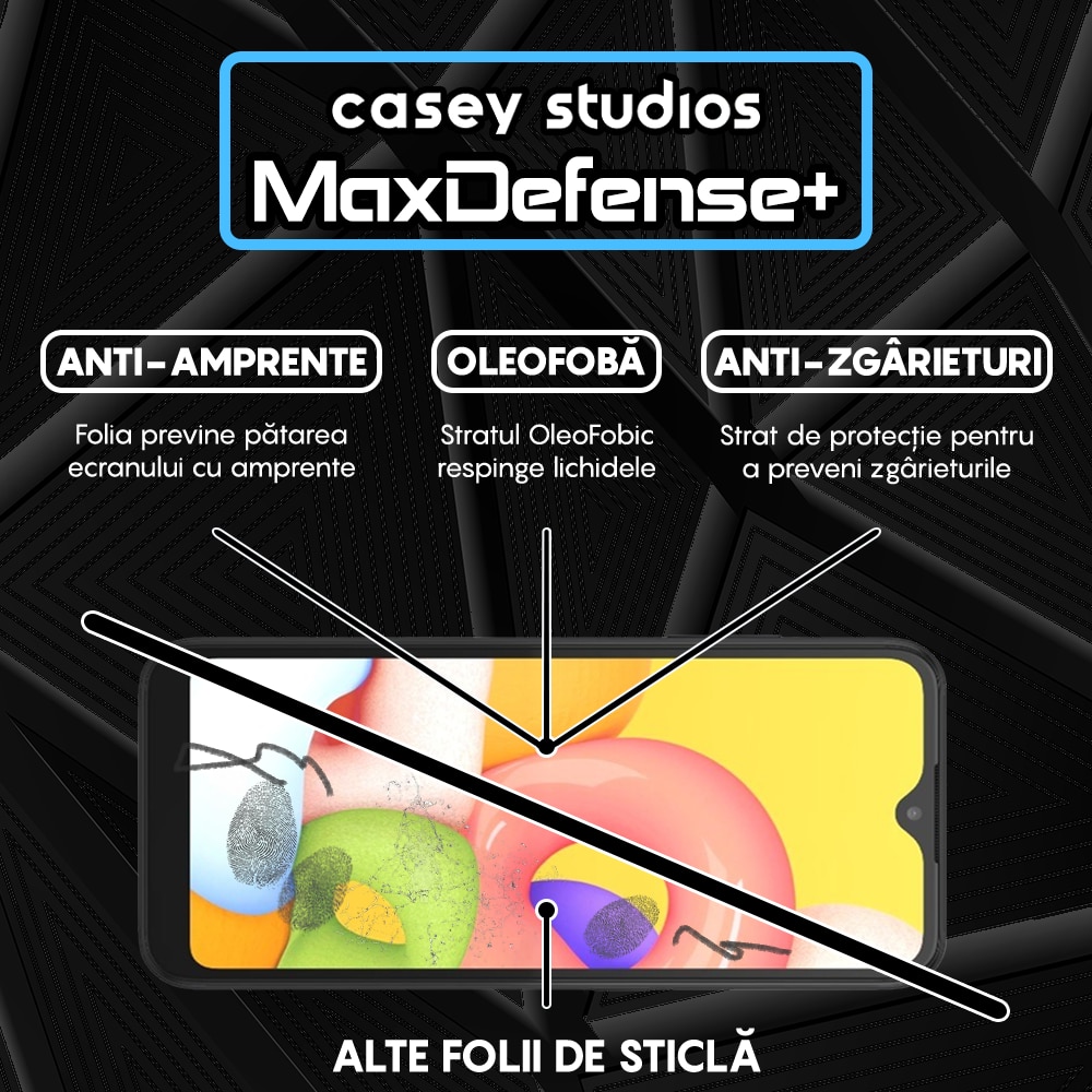 Folie Sticla CASEY STUDIOS™ pentru Samsung Galaxy A01, Full Glue, Duritate Militara, Ultra HD, Protectie Profesionala Ecran 3D, Anti Zgarieturi, Anti Socuri, Margini Negre