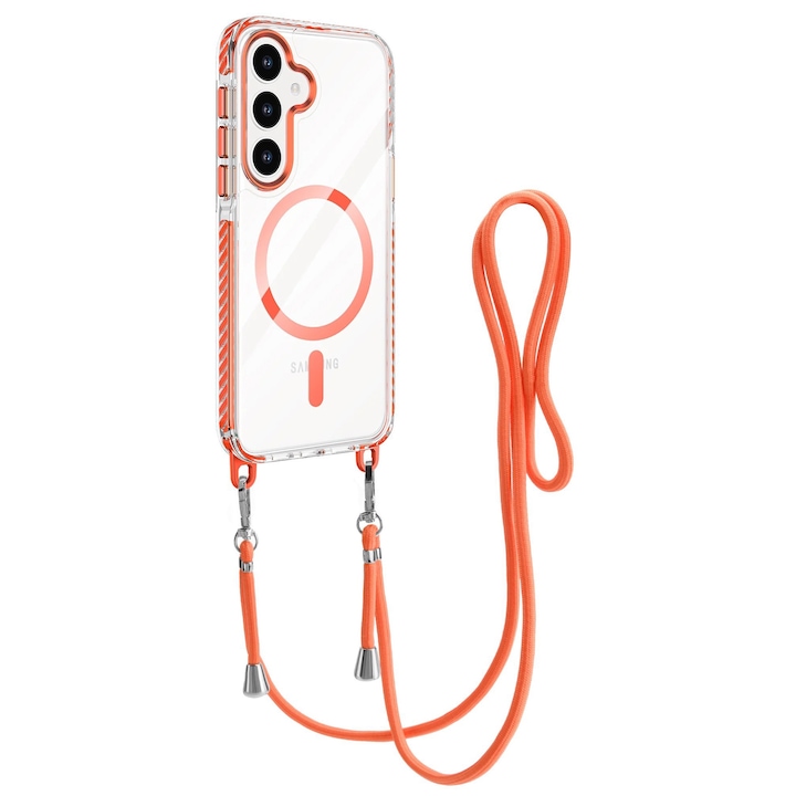 Husa pentru Samsung Galaxy S24, Snur detasabil, Antisoc, Protectie Superioara, Bumper interior, Magsafe, Transparenta cu Portocaliu