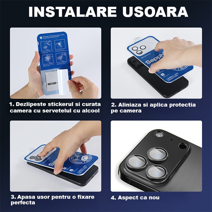 Folie Camera din sticla pentru iPhone 17 Pro, Albastru, Din Safir 99.9 % Certificat GIA, Full Cover, Protectie Profesionala, Ultra Rezistenta, Calitate Premium