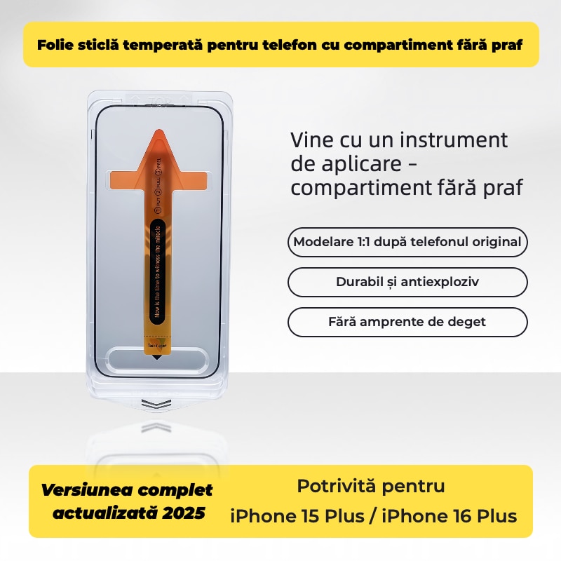 Folie sticlă temperată pentru iPhone 15/16 Plus - set 2 buc., HD/anti-spy, anti-zgârieturi, aplicare automată