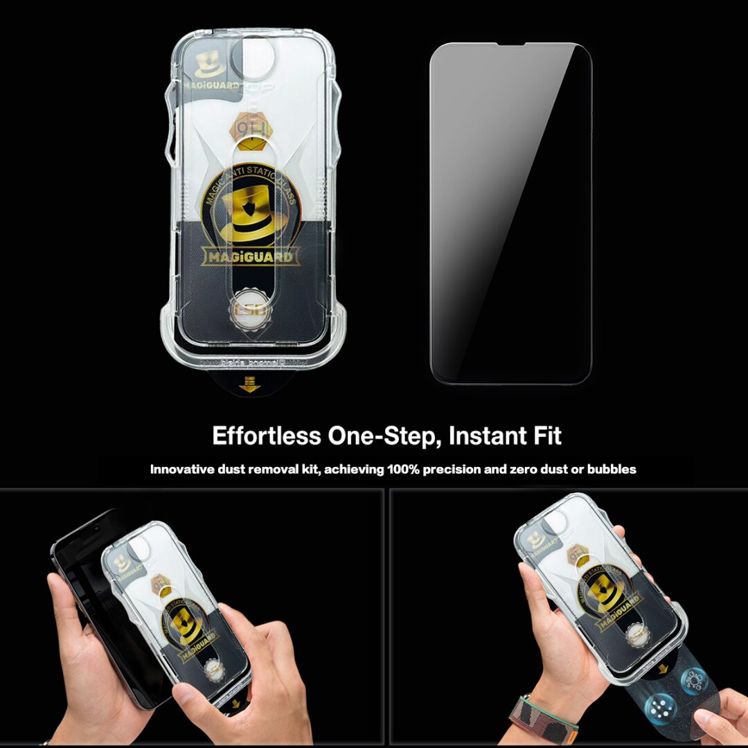 Folie de Protectie Transparenta HD Compatibila cu iPhone 13 Pro max/14 max, Sticla Premium HD cu Carcasa pentru Aplicare Automata, Elimina Bule si urme de Praf, Hidrofoba, Full Cover, 0.3mm, Anti-Amprente, Dust Removal