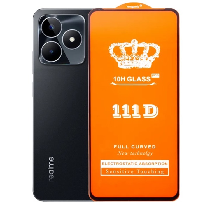 Folie Sticla Securizata pentru Realme C53, Flippy, Sticla de Protectie Compatibila cu Realme C53, Full Cover 111D, HD, Margini Negre, Transparenta