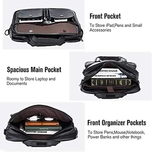 Servieta pentru barbati din piele, geanta messenger business cu compartiment pentru laptop, negru