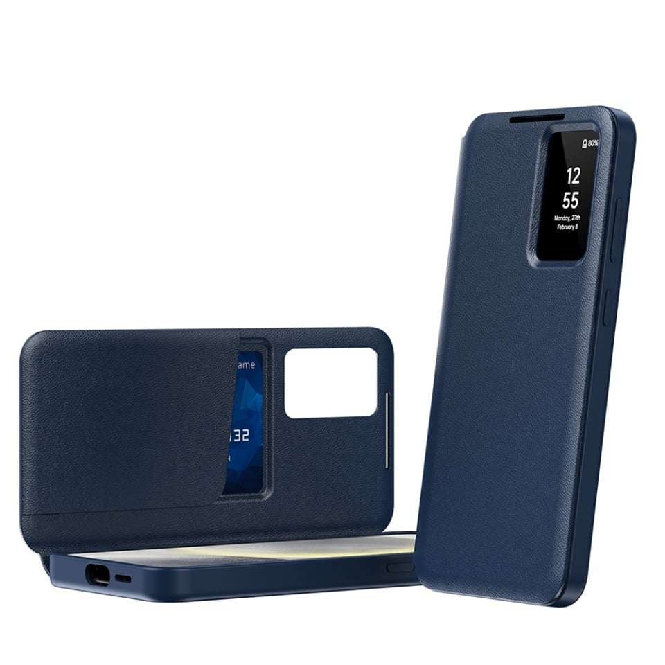 Husa pentru Samsung Galaxy A56 5G tip carte, Skyddar, cu portofel si SmartView, Premium, set cu sticker, Albastru