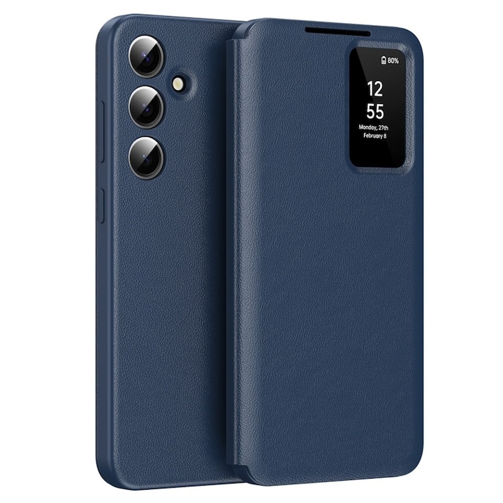 Husa pentru Samsung Galaxy A56 5G tip carte, Skyddar, cu portofel si SmartView, Premium, set cu sticker, Albastru