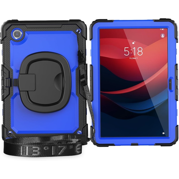 Husa Shockproof Armor pentru Samsung Galaxy Tab A7 Lite(SM-T220/T225), 8.7", Sigloo, Curea Umar, Protectie 360, Negru cu albastru inchis