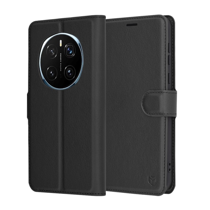 Husa pentru Honor Magic7 Pro, SKYDDAR INNOVATION, Leather Folio tip Carte, cu Portofel Interior, Finisaje Premium, set cu sticker, Negru