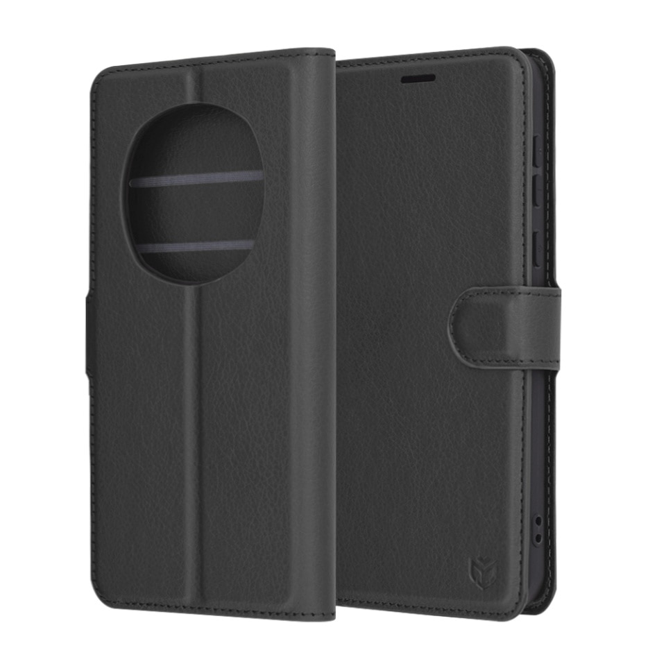 Husa pentru Honor Magic7 Pro, SKYDDAR INNOVATION, Leather Folio tip Carte, cu Portofel Interior, Finisaje Premium, set cu sticker, Negru