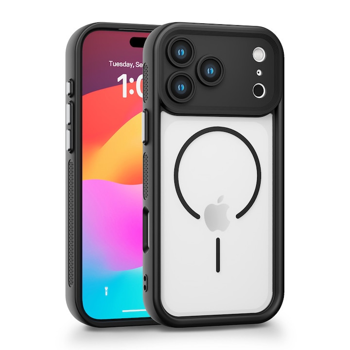 Husa de Protectie MagSafe pentru iPhone 17 Pro, Transparent cu Rama Neagra, Margini Ridicate, TPU Premium, Incarcare Wireless Rapida, Anti-Soc, Anti-Zgarieturi, Anti-Amprenta, Design Slim, LIXN-03N®